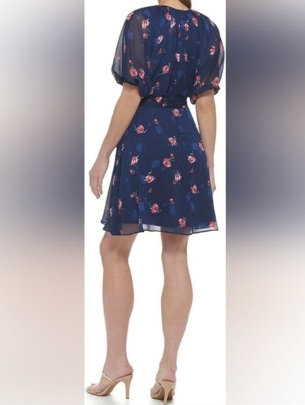 DKNY Navy Blue Floral Circle Skirt with Pink Blooms Flowers Women's Size 10 EUC
